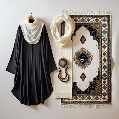 طقم صلاة فاخر للنساء يحتوي على لباس صلاة وسجادة ومسبحة – هدية روحانية أنيقة