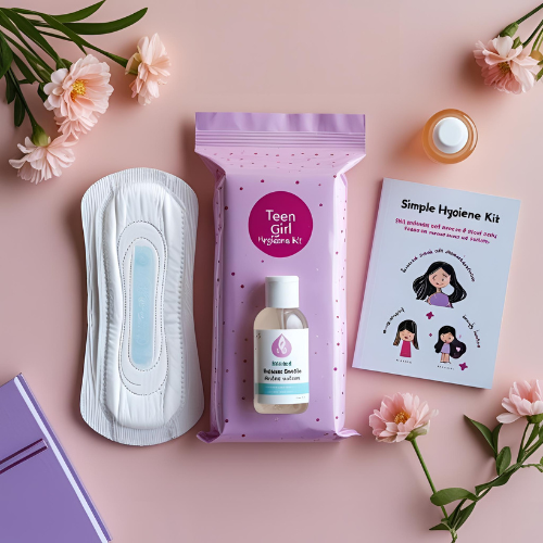 طقم نظافة للفتيات المراهقات يحتوي على فوط صحية، غسول لطيف، وكتيب توعوي – هدية رعاية وكرامة