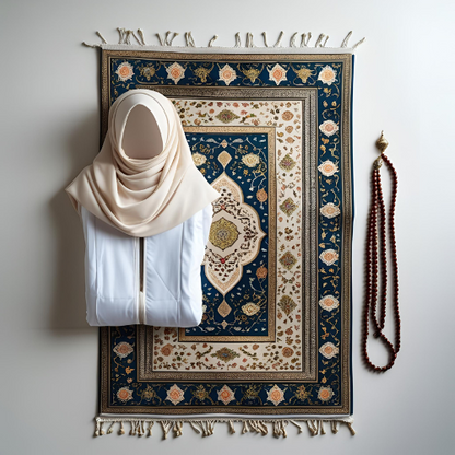 طقم صلاة فاخر للنساء يحتوي على لباس صلاة وسجادة ومسبحة – هدية روحانية أنيقة