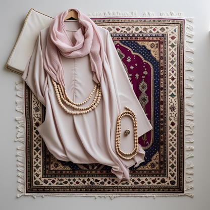 طقم صلاة فاخر للنساء يحتوي على لباس صلاة وسجادة ومسبحة – هدية روحانية أنيقة