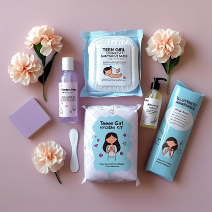 طقم نظافة للفتيات المراهقات يحتوي على فوط صحية، غسول لطيف، وكتيب توعوي – هدية رعاية وكرامة